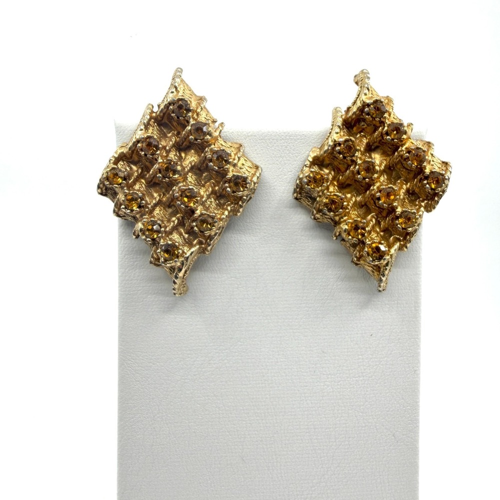 Vintage Gold & Amber Rhinestone Textured Statement Clip-On Earrings